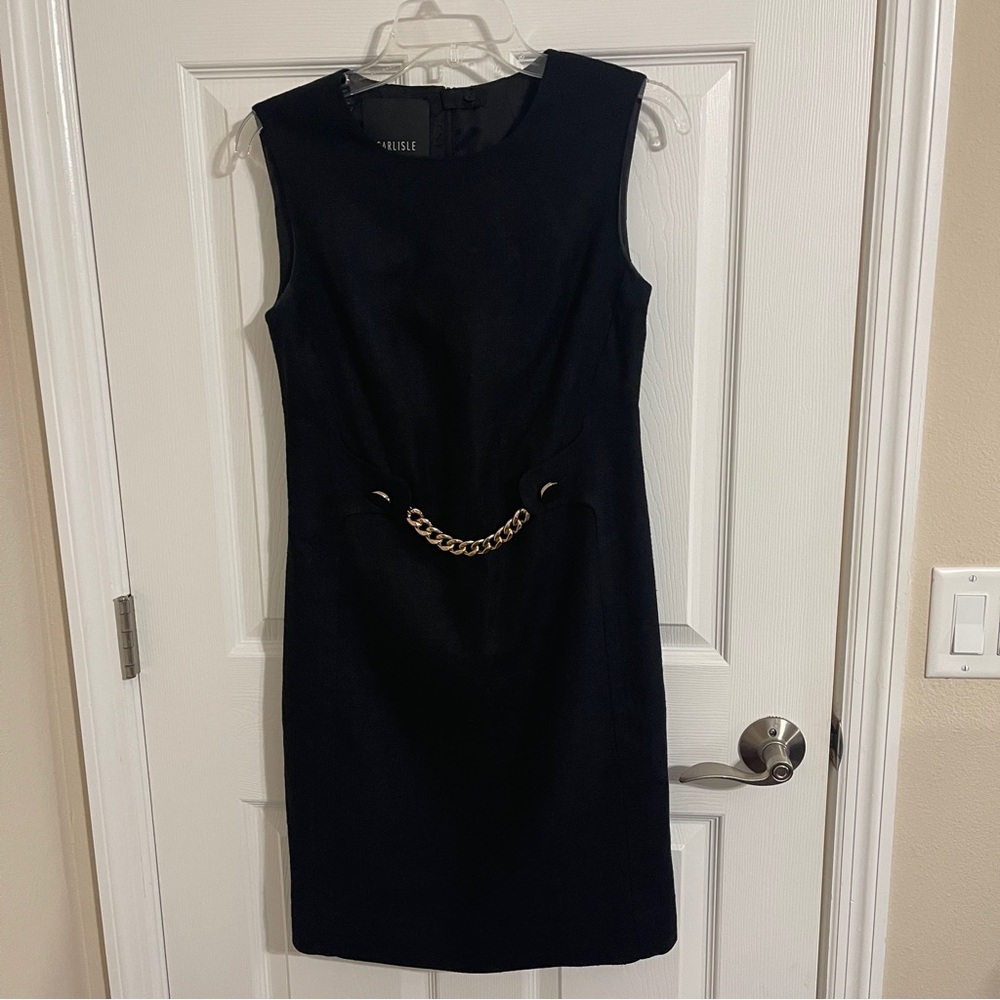 Carlisle Black Sleeveless Silk Dress w/ Gold Chain Detail Size 2
